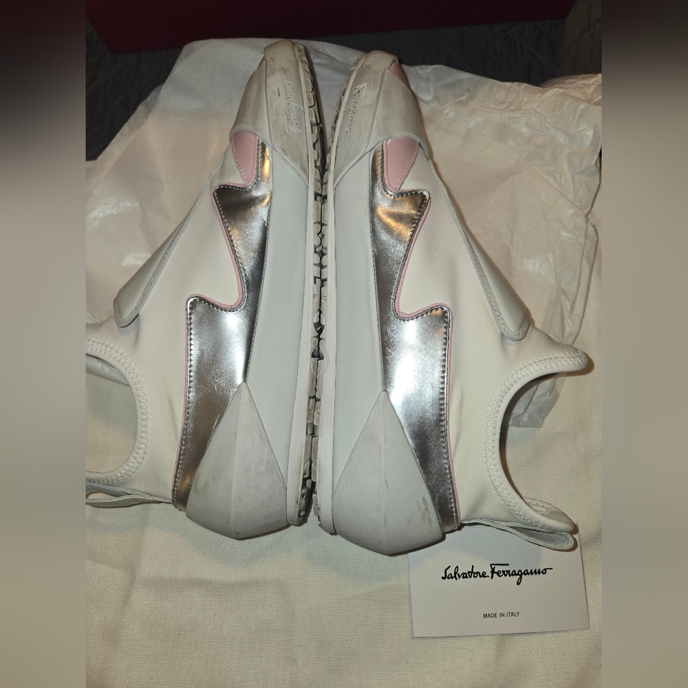 Ferragamo Nile Neoprene leather women's Sock sneakers Pink and white 8.5/ 39 - Picture 12 of 14